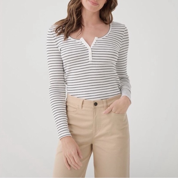 Pact Tops - Pact Brown White Striped Ribbed Henley Long Sleeve Top T-Shirt Organic Cotton XL